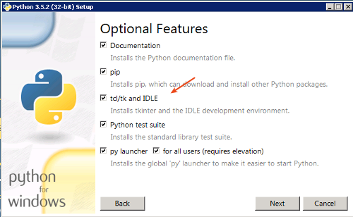 Python install Optional Features Screen